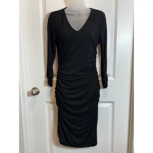 Cache Black Ruched Bodycon Dress V-Neck Long Sleeve Gold Studded Cuffs Small S